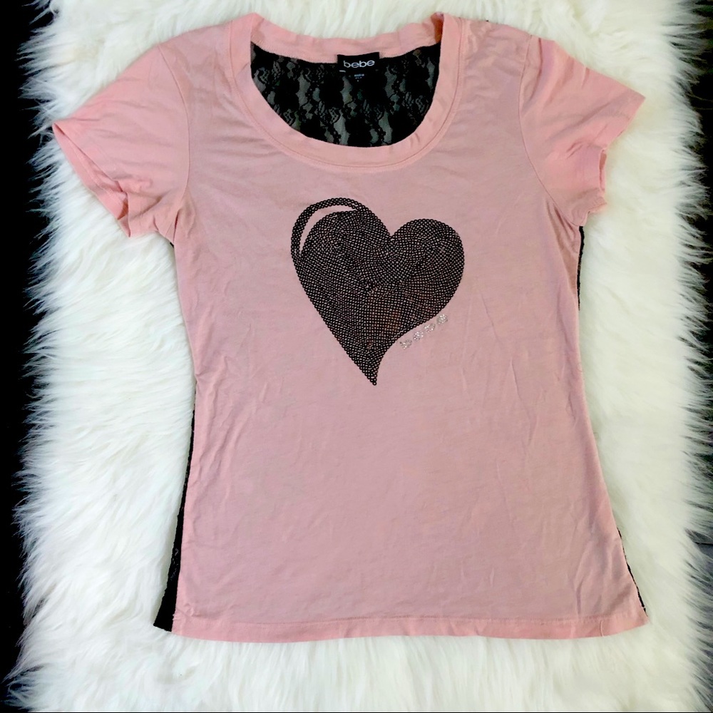 Bebe Laceback Tee with Sequin Heart Detail